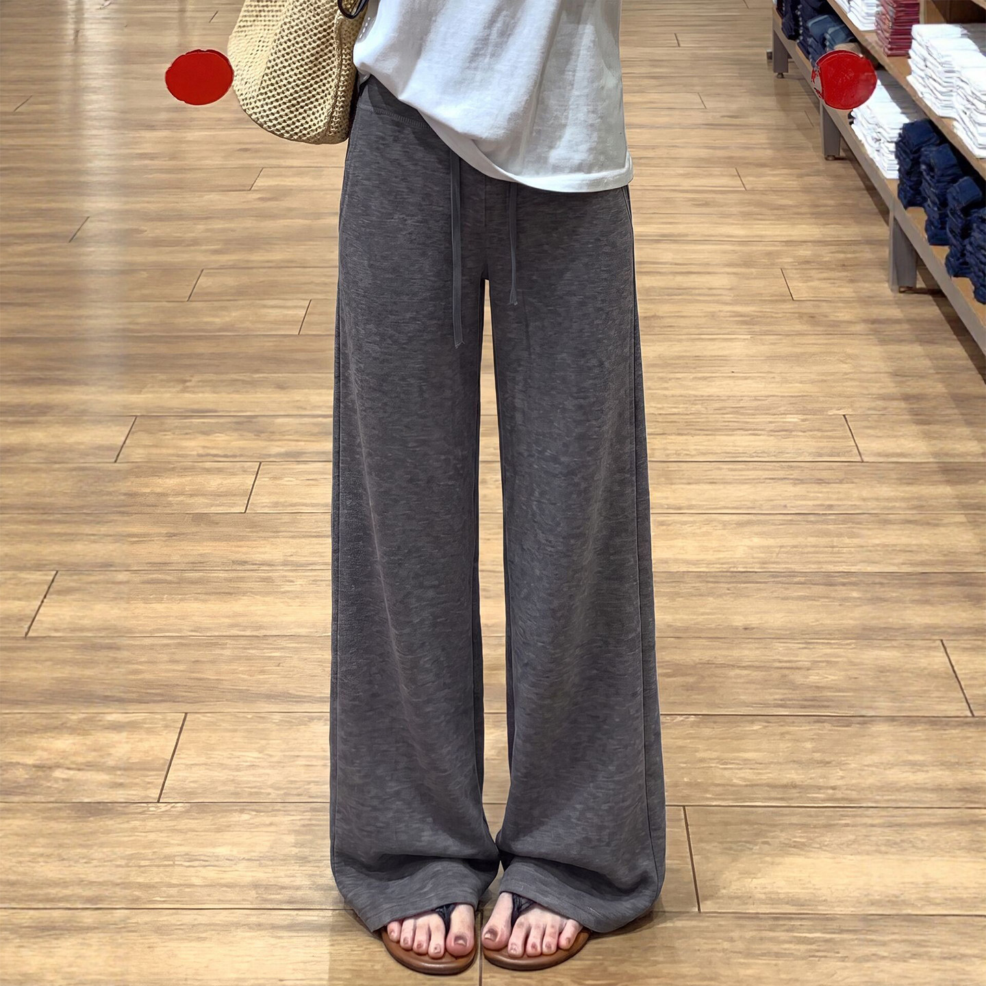 灰色运动阔腿裤女夏季高腰垂感瑜伽健身卫裤防蚊凉凉直筒休闲裤子