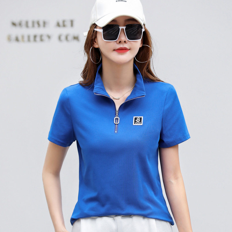 360 女士POLO衫T恤2023年夏季新款韩版上衣翻领短袖拉链字母条纹T