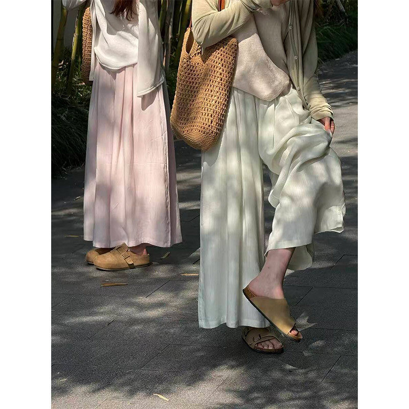 韩系慵懒风天丝亚麻大摆裙裤女夏季薄款小个子气质宽松九分阔腿裤