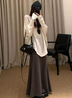 美拉德棕咖色半身裙女2026新款秋冬高腰a字半裙中长款针织鱼尾裙