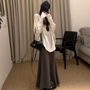 美拉德棕咖色半身裙女2026新款秋冬高腰a字半裙中长款针织鱼尾裙