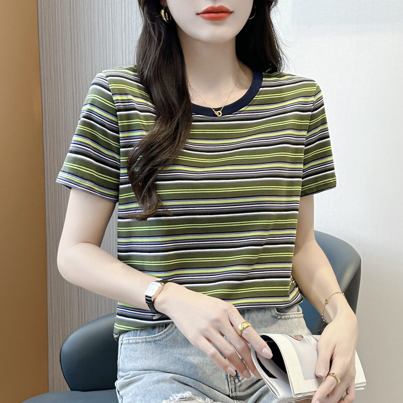 127~条纹纯棉圆领短袖t恤女2024新款时尚百搭洋气上衣打底衫夏季