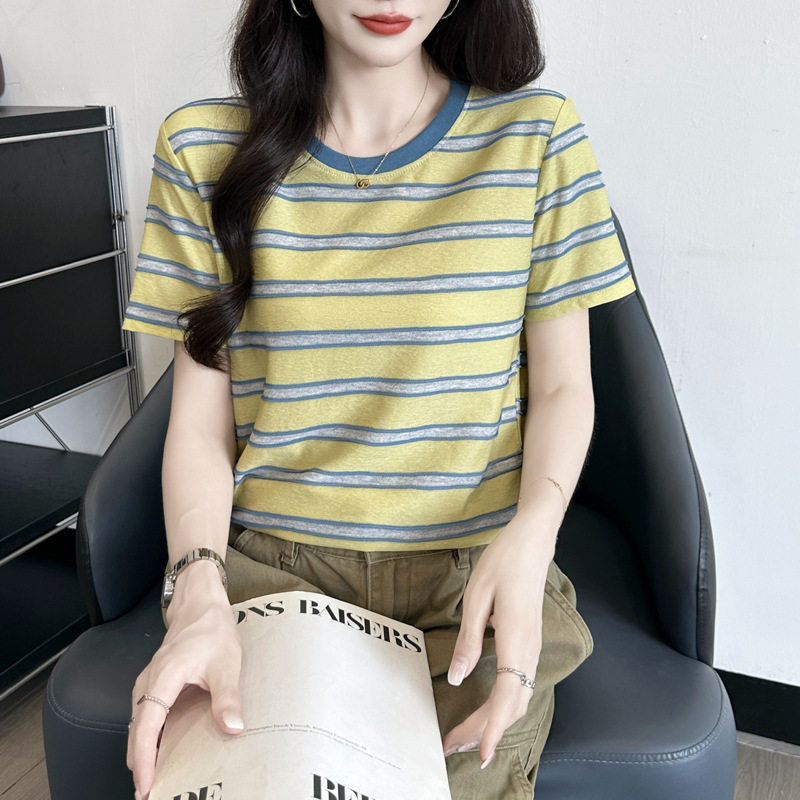 262~女式圆领短袖T恤衫夏季新款撞色条纹简约设计感套头韩系