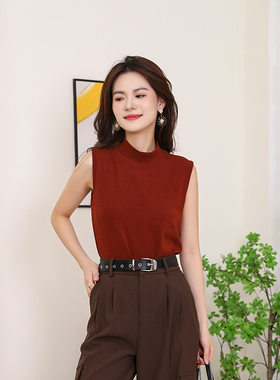 老钱风百搭纯色无袖上衣女 早秋可外穿内搭半高领慕斯羊绒T恤背心