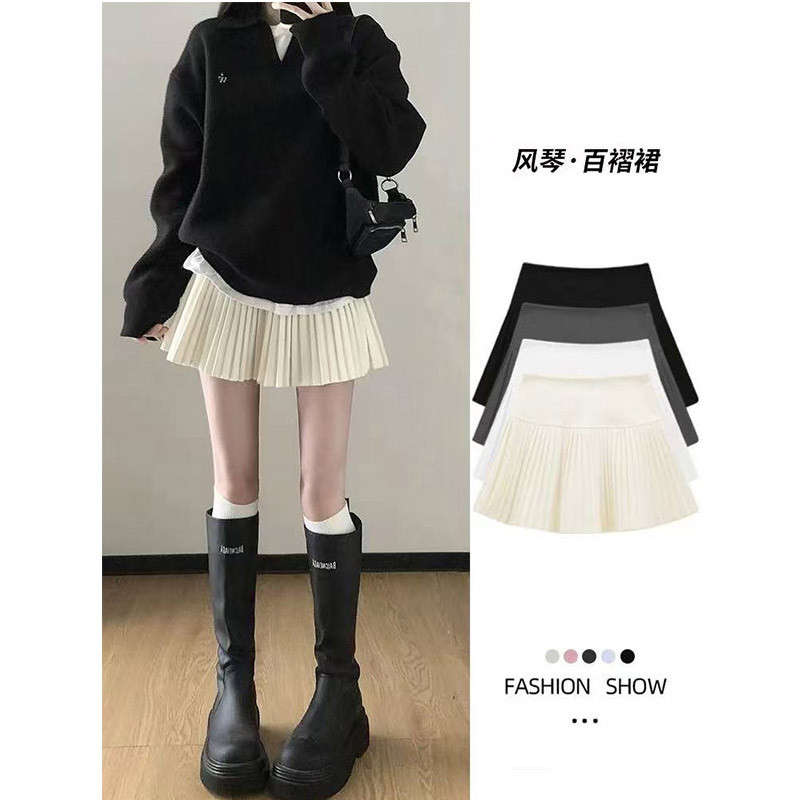 杏色风琴百褶裙女春秋2026新款高腰显瘦小个子休闲a字半身裙短裙
