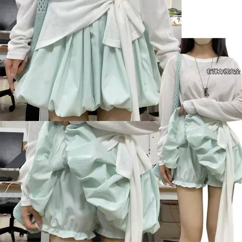 薄荷绿蓬蓬花苞裙裤女夏季新款防走光半身裙高腰显瘦a字百褶短裙