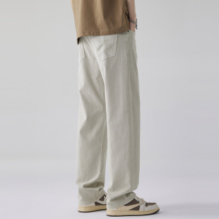 男春季 加绒休闲长裤 宽松直筒裤 潮牌简约秋冬季 子男士 米白色牛仔裤