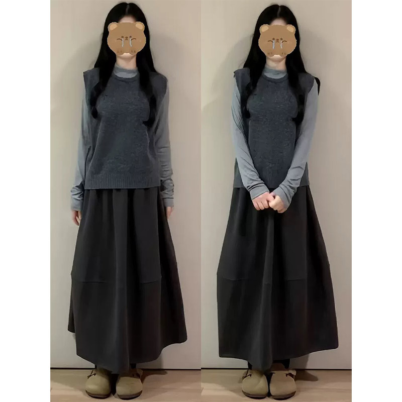 灰色毛呢半身裙女春秋冬2026新款高腰a字中长裙小个子加厚花苞裙