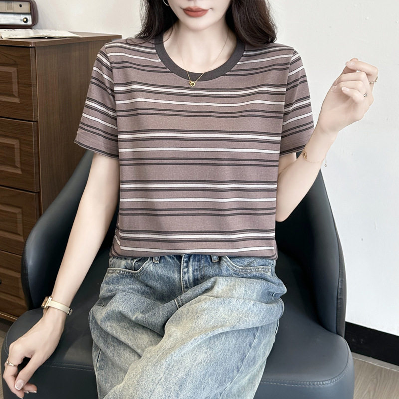 246-条纹t恤女短袖2026年夏季新款大码宽松时尚百搭短款圆领上衣