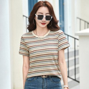 461 条纹t恤女新款圆领夏装短袖韩版彩条宽松洋气日系薄款撞色女T