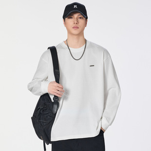 老钱风棉质长袖 男2026春季 新款 肌理感圆领卫衣宽松休闲上衣 T恤衫