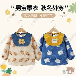 宝宝罩衣冬天外穿洋气防水防脏护衣灯芯绒围裙男女宝儿童吃饭围兜