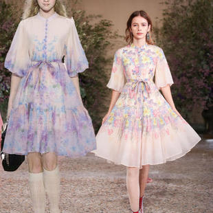 连衣裙女 印花裙优雅名媛气质短款 2025现货欧美风修身 显瘦泡泡短袖