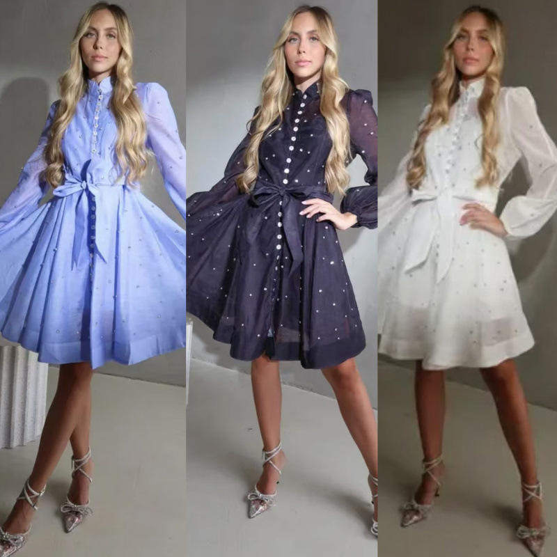 大量现货奢华钉钻度假风立领灯笼袖纯色天丝麻连衣裙女配吊带三色,女装/女士精品,连衣裙,淘宝优惠券,粉丝福利购,淘宝优惠卷