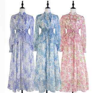 连衣裙 设计感印花系带钉珠荷叶边腰封收腰修身 实拍现货秋新品 法式