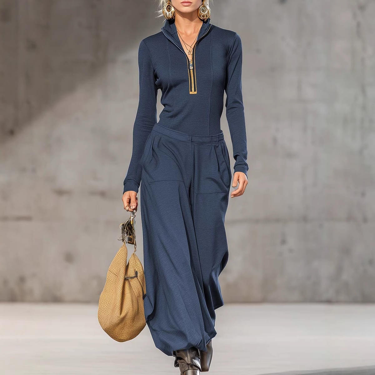 新款 2025欧美 ins 连帽拉链纯色打底衫上衣+阔腿口袋长裤 两件套