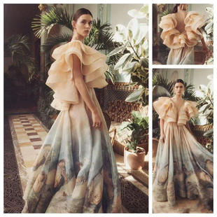 独立站2025秋季 油画仙女高腰丝麻甜美礼服连衣裙长裙女飞飞袖