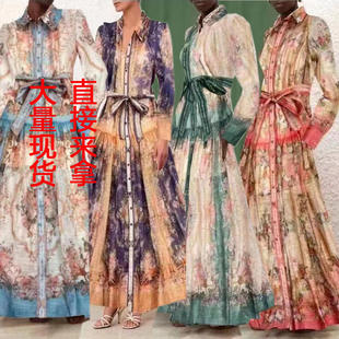 外贸澳洲小众设计感单排扣长袖 连衣裙定位印花超长系带裙广州