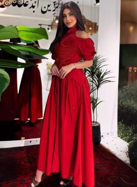 生日派对红色礼服裙露肩镂空短袖立体花朵绑带连衣裙长裙