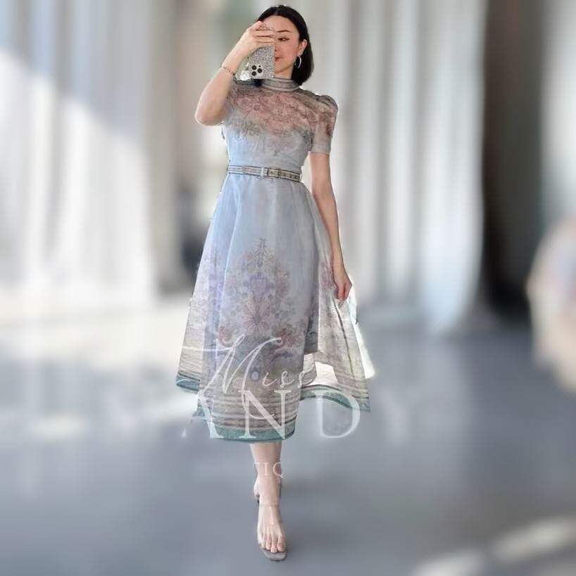 新款 澳洲春季丝麻小高领腰带束腰短中长款连衣裙配吊带广州短袖
