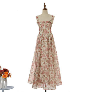 现货2026春夏度假成衣丝麻垂褶印花设计连衣裙女休闲裙摆型