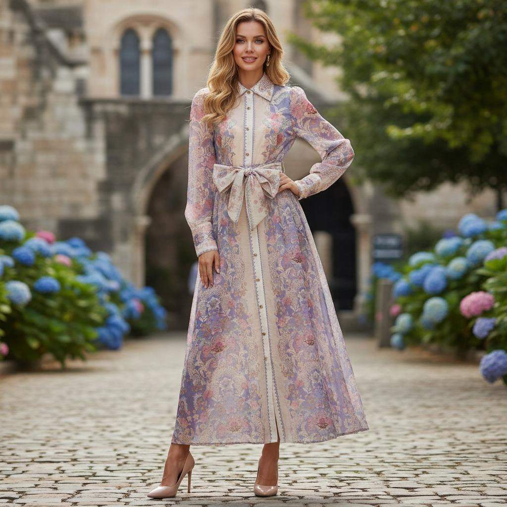 独立站2026度假小众设计印花单排扣长款连衣裙长裙女雪纺长袖,女装/女士精品,连衣裙,淘宝优惠券,粉丝福利购,淘宝优惠卷