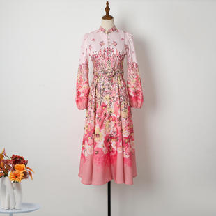 实拍现货定位印花精致单排扣立领灯笼袖 度假风口袋连衣裙配腰带