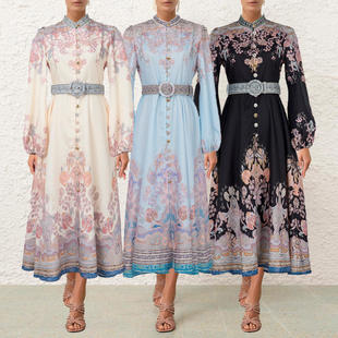 连衣裙 长款 现货澳洲复古佩斯利棉麻小高领腰带束腰超修身 长袖