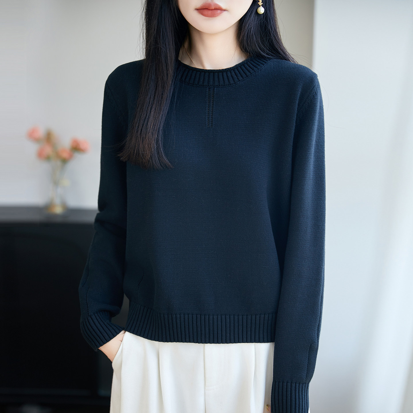 纯棉圆领长袖T恤女宽松显瘦螺纹长袖T恤