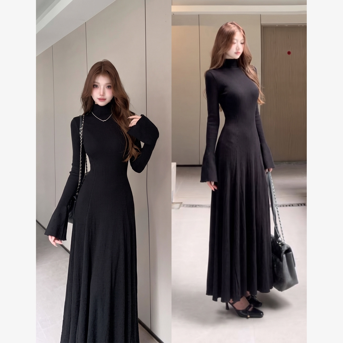 黑色纯欲风穿搭女秋a字长袖收腰连衣裙