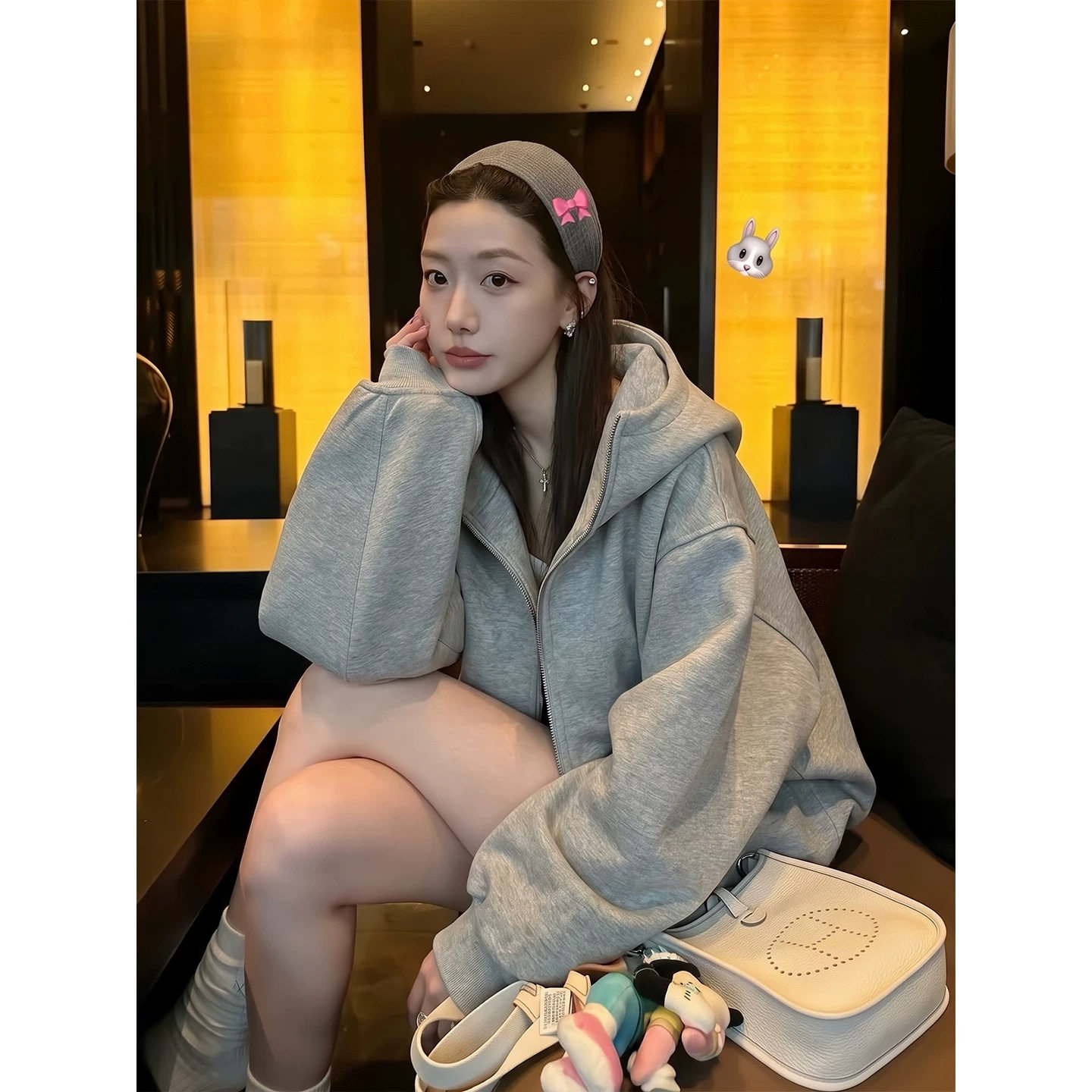 灰色薄款设计感上衣女款秋连帽宽卫衣/绒衫