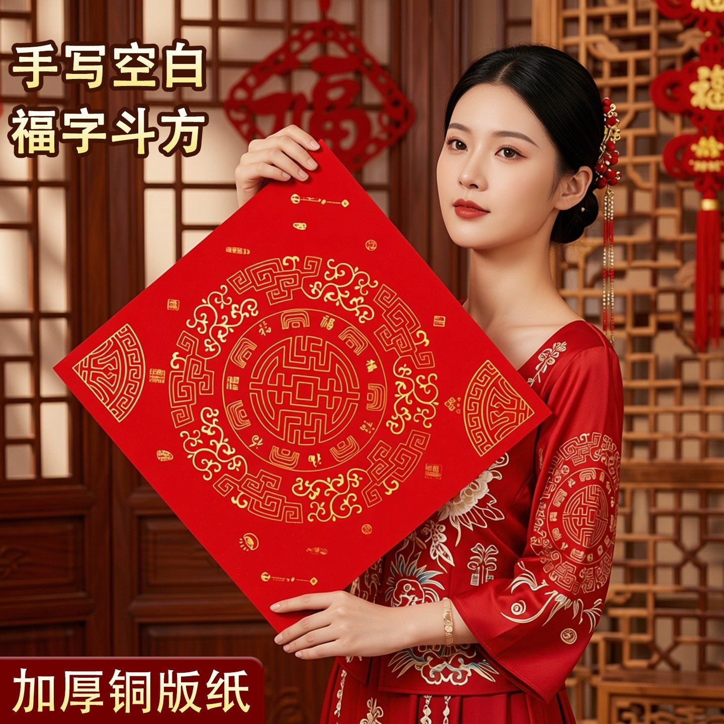 万年红铜版纸斗方加厚空白手写福字红纸铜板纸2026年马年新款对联春联diy专用横批纸不褪色毛笔黑字福纸门贴,文具电教/文化用品/商务用品,万年红对联纸,淘宝优惠券,粉丝福利购,淘宝优惠卷