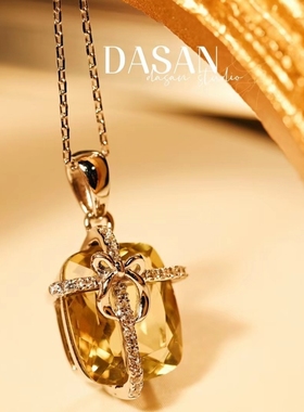 清仓特价 冬日礼赞 天然方形黄水晶纯银项链女转运石十一月生辰石