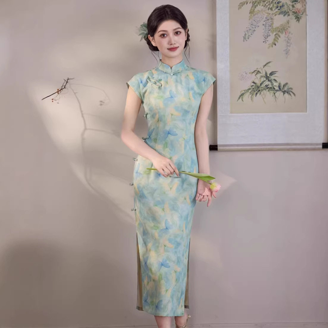 苏州旗袍仿天丝长款无袖水墨画款