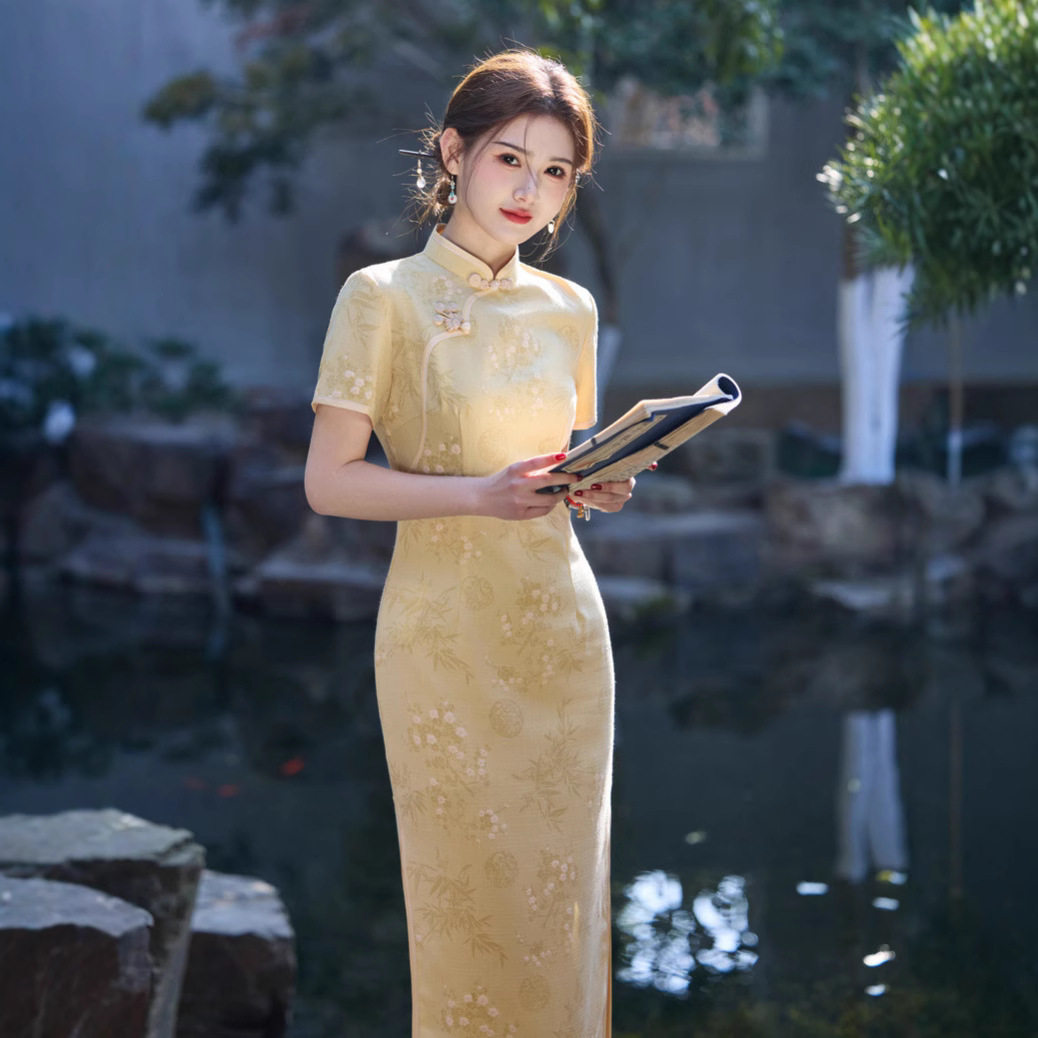 苏州旗袍春夏仿竹节麻提花中长款