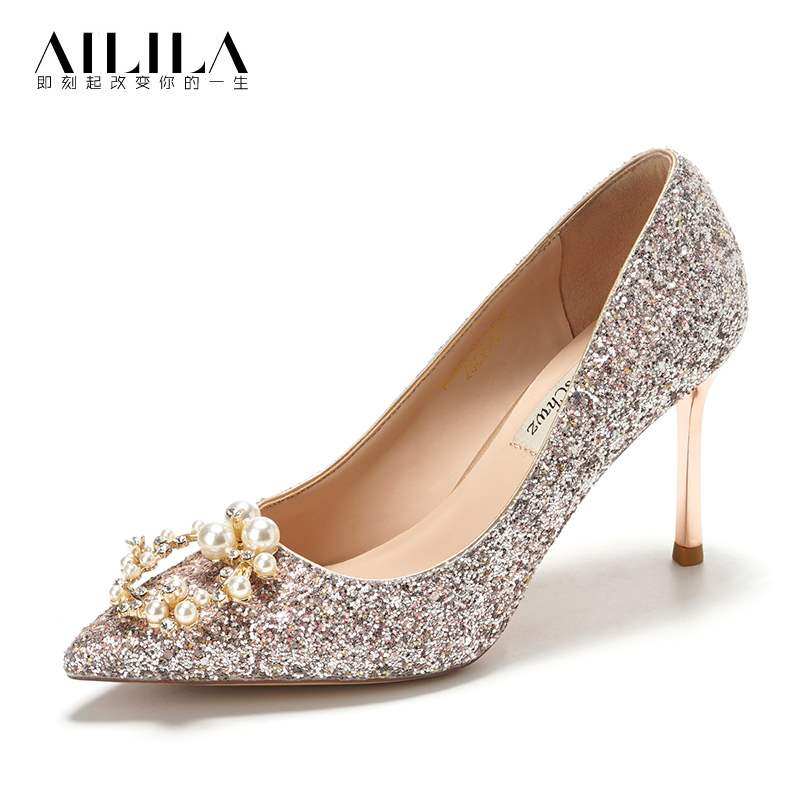 婚鞋女2020新款结婚新娘鞋粉色礼服高跟鞋细跟百搭亮片婚纱水晶鞋|ruв категории Женская обувь, низкий чистка - от Buy2taobao.com для оказания профессиональной услуги покупки агента Taobao