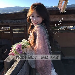 粉绿双拼褶皱棉麻围巾女春秋薄款文艺复古拍照氛围感丝巾围脖装饰
