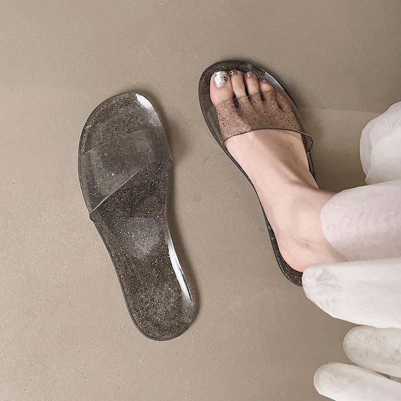 透明果冻水晶拖鞋女夏平底时尚仙女凉拖室外浴室洗澡居家用一字拖