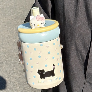 可爱猫咪保温杯2024新款女生高颜值不锈钢小巧ins风便携吸管杯子