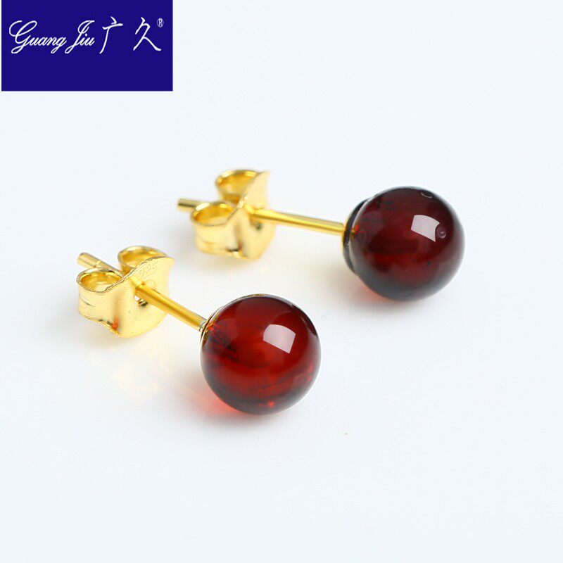 广久琥珀血泊耳钉女款 925银镶嵌圆珠原石耳饰耳环带证书HW0603