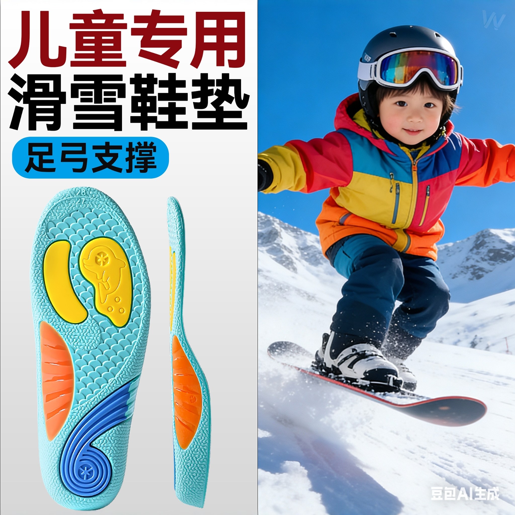儿童专用滑雪鞋垫足弓支撑单板双板防滑固定雪鞋垫片冰鞋减震小孩