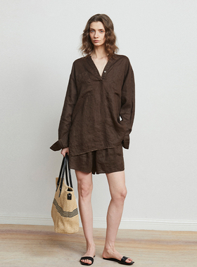 Carolingian松弛感套装！重磅亲肤亚麻Row风廓形防晒衬衫+短裤