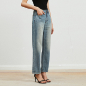 重工水洗长绒棉显瘦浅蓝直筒九分牛仔裤 Carolingian法式 高阶