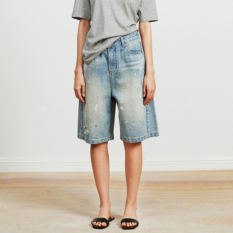 Carolingian松弛时髦！重工长绒棉复古泼墨牛仔短裤 直筒五分裤