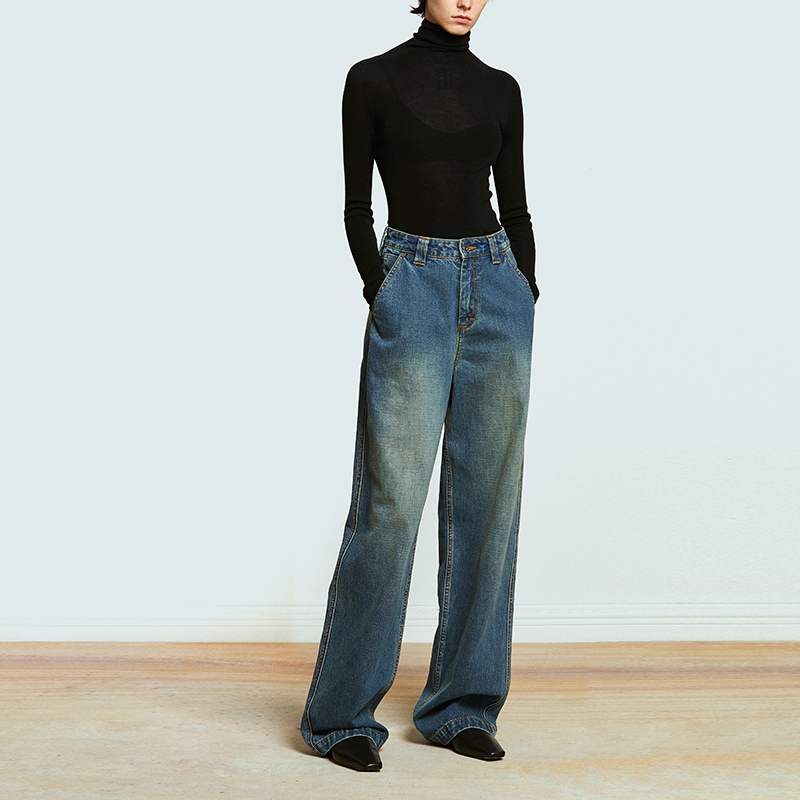 Carolingian ROW松弛感！重磅丹宁长绒棉复古蓝高阶直筒牛仔裤