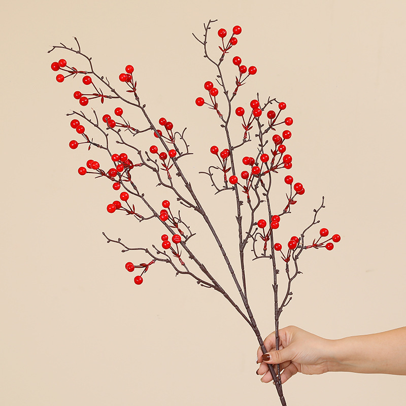 红果枝假花冬青果仿真花红浆果客厅乔迁新年装饰春节福桶插花配件
