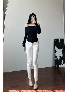 春季白色高腰175高个子显腿长铅笔裤磨毛弹力小脚裤紧身牛仔裤女