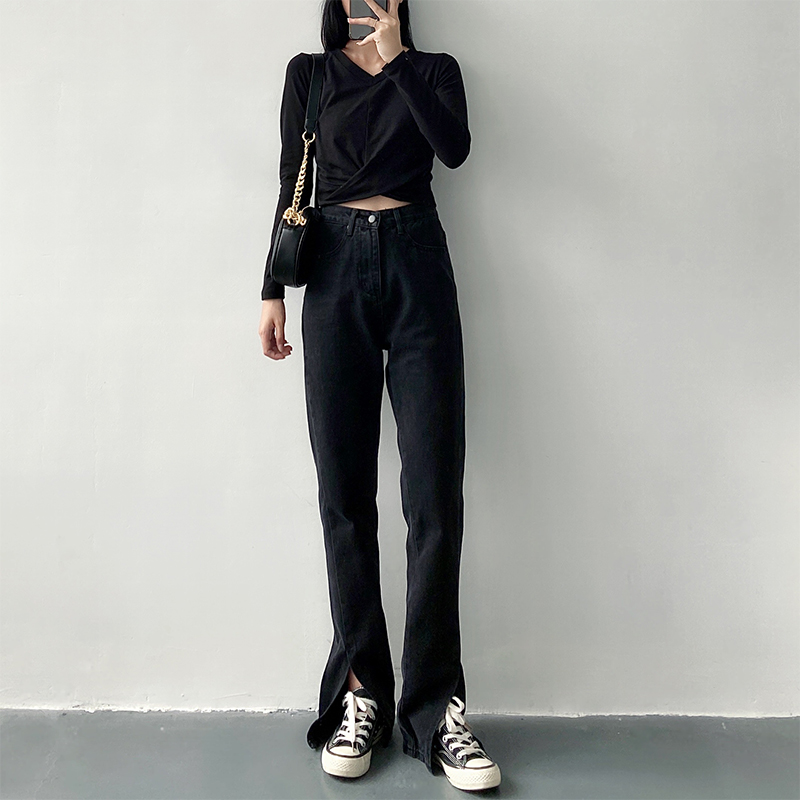 黑色牛仔裤女2025年春季新款高腰显瘦显高直筒宽松开叉拖地裤子