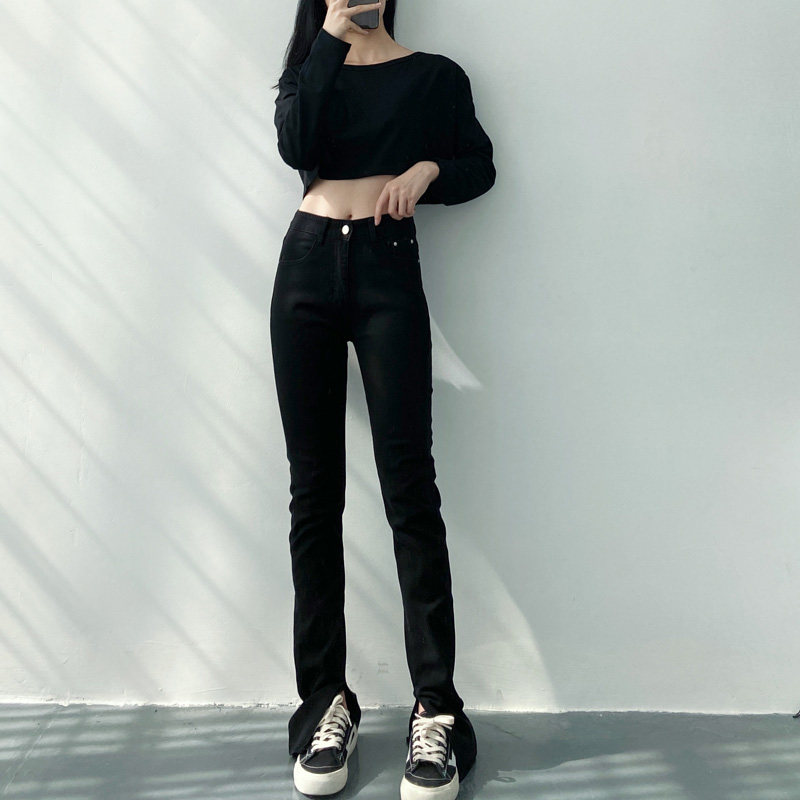 新款高腰显瘦开叉微喇叭马蹄黑色加绒牛仔裤女高个子加长拖地裤