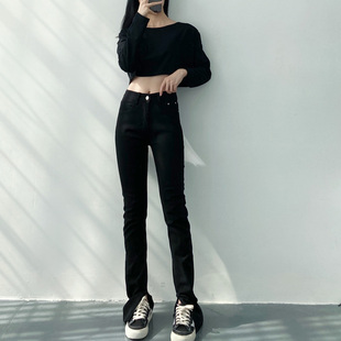 新款高腰显瘦开叉微喇叭马蹄黑色加绒牛仔裤女高个子加长拖地裤